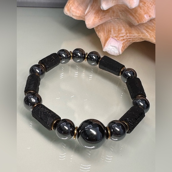 TERAHERTZ + BLACK TURMALINE + ONYX NATURAL STONES BRACELET size 8” - Picture 4 of 8